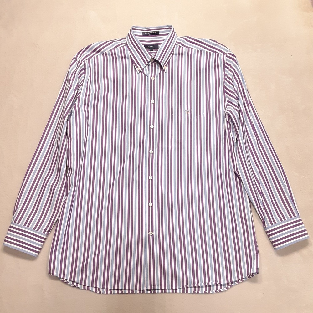 Gant Mens Vintage Liberty Bell Poplin Shirt 2XL Blue Purple Stripes Ez-Fit